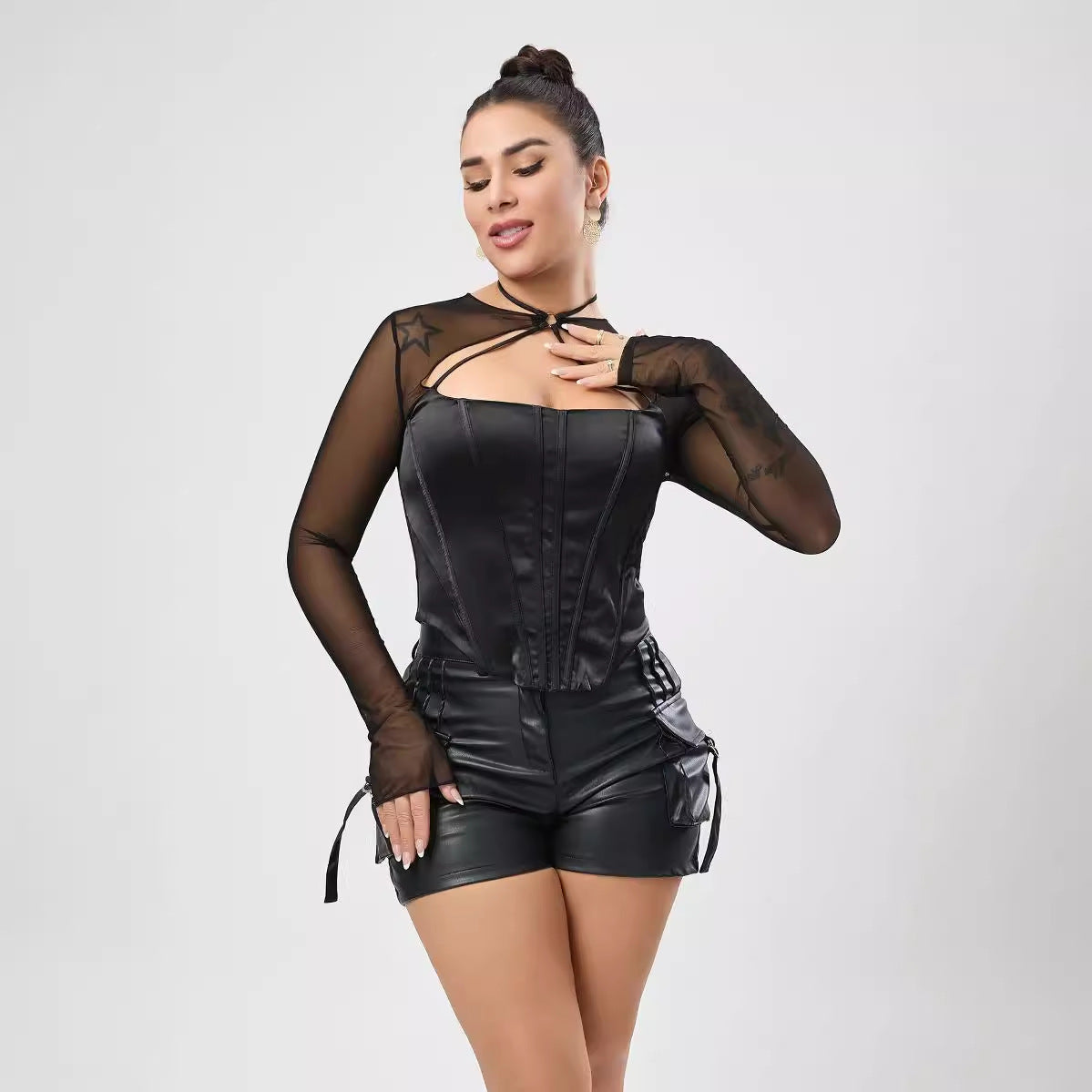 Club Wear Micro Elastic Satin Mesh Stitching Bone Hollow Out Cutout Zipper Sexy Short Top Bella Mia